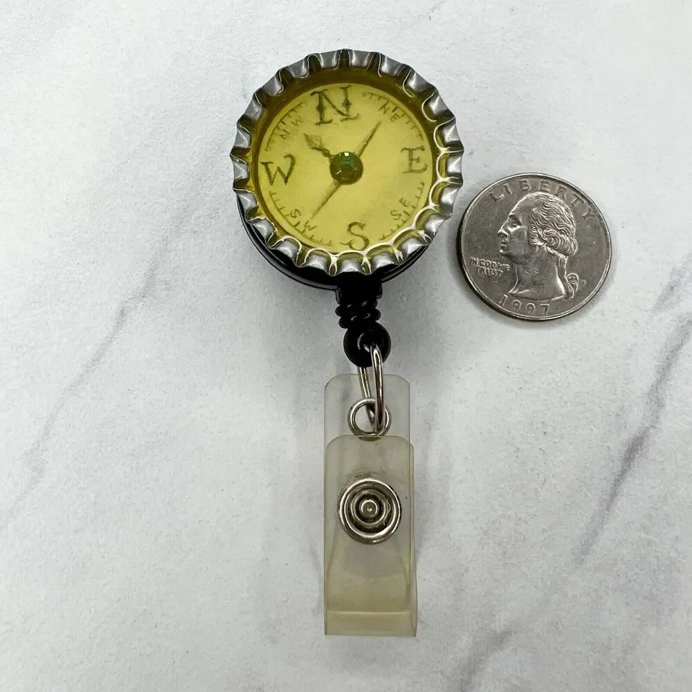 Bottle Cap Rhinestone Faux Compass Retractable Badge ID Holder